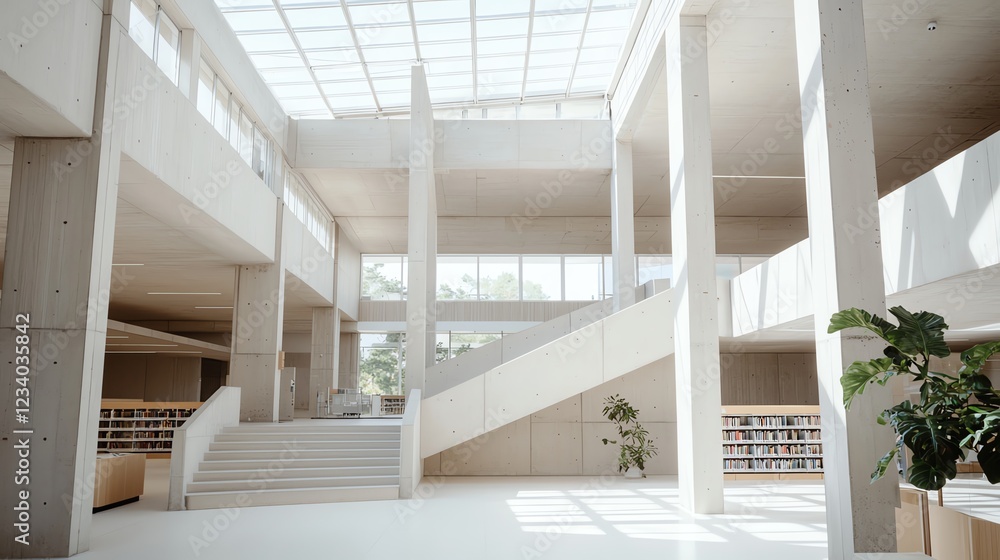Fototapeta premium Minimalist interior of modern library with natural light, open spaces, and clean lines, emphasizing contemporary architecture.