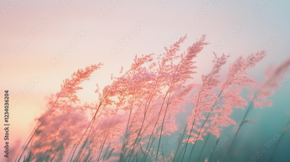 Fototapeta premium Graceful pink-tipped grasses swaying gently in the breeze against the backdrop of a soft, pastel sky, evoking a sense of peaceful solitude.