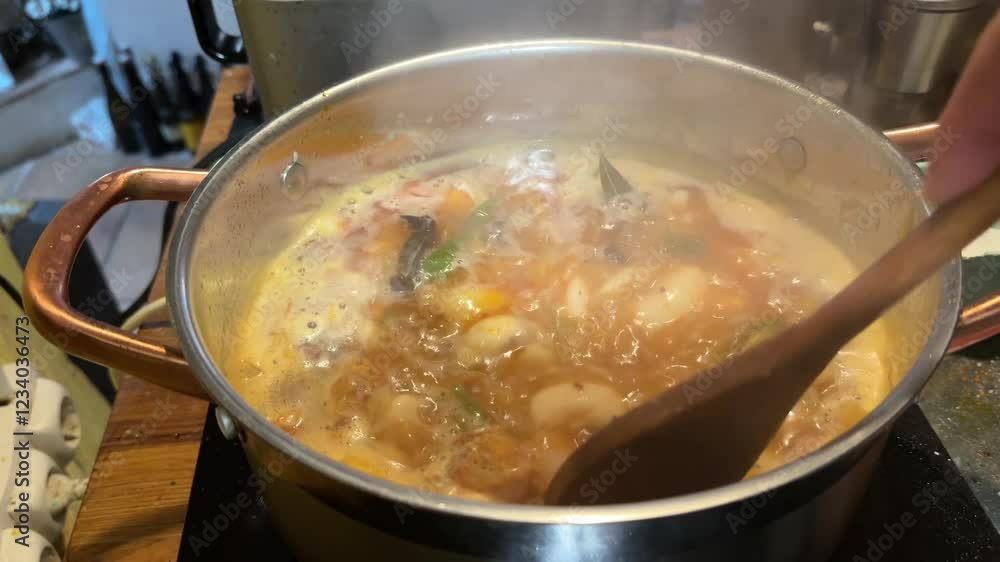 Closeup view of the hand of a white cook cooking a traditional homemade Fabada at home, stirring with a wooden spoon. 4K Closeup view of the hand of a white cook cooking a traditional homemade Fabada at home, stirring with a wooden spoon. 4K