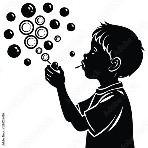 A black vector silhouette of a young child blowing bubbles, standing in profile 