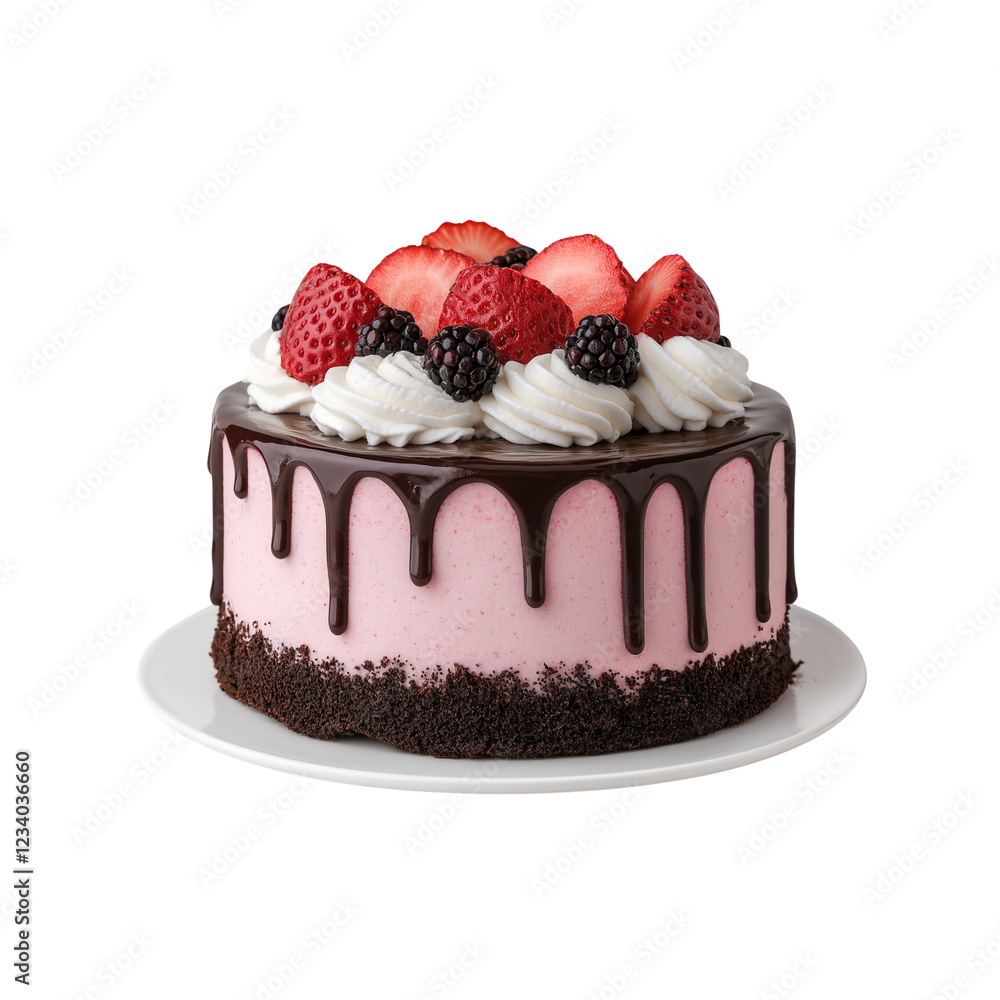 Delicious chocolate and strawberry cake topped with whipped cream and fresh berries on a white plate against a transparent background. Delicious chocolate and strawberry cake topped with whipped cream and fresh berries on a white plate against a transparent background.