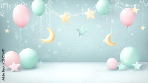 Pastel Balloons, Stars, Moon, Baby Shower Background