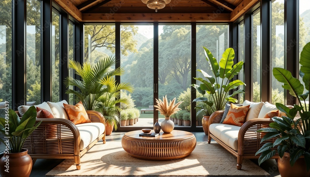 Fototapeta premium Fusion-style sunroom with tropical plants, rattan furniture, boho textiles, and abundant natural light