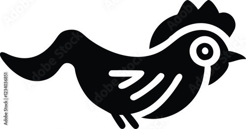 Simple cartoon chicken, black and white outline, minimalist design, children's book illustration style, cute farm animal, rounded shapes, bold lines, simplified form, playful character, side view, sty