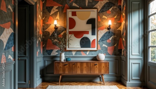 Artistic hallway featuring bold wallpaper, modern abstract art, vintage console table, and warm wooden flooring
