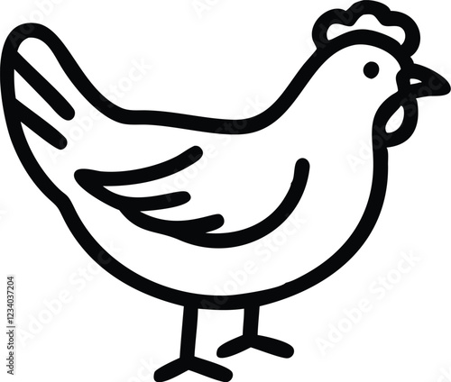 Simple cartoon chicken, black and white outline, minimalist design, children's book illustration style, cute farm animal, rounded shapes, bold lines, simplified form, playful character, side view, sty