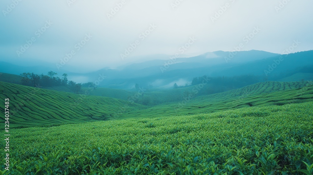 A lush, green tea plantation blankets rolling hills, shrouded in mist and creating a serene and dreamy landscape. A lush, green tea plantation blankets rolling hills, shrouded in mist and creating a serene and dreamy landscape.