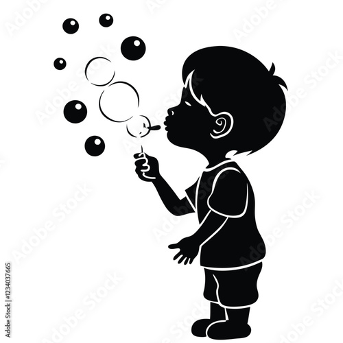 A black vector silhouette of a young child blowing bubbles, standing in profile 