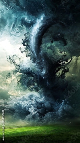 Dark swirling vortex over green field