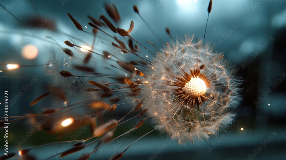 Fototapeta premium A dynamic dandelion disperses seeds into the breeze, highlighting nature’s ephemeral beauty against a stormy sky.
