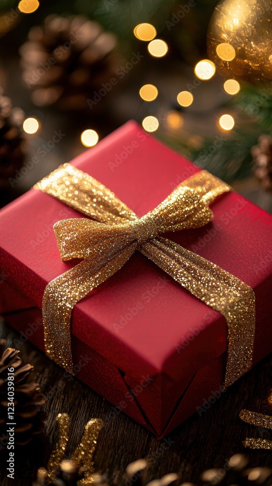 Festive holiday gift box with red wrap and golden ribbon Festive holiday gift box with red wrap and golden ribbon