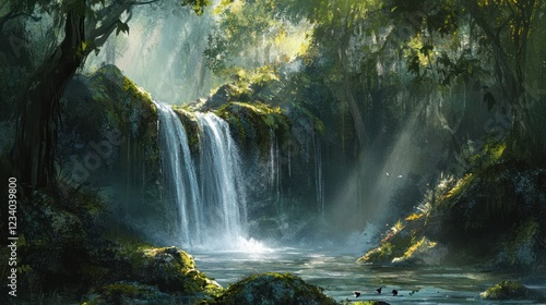 Lush jungle waterfall, sunlit pool, tranquil background, nature scene