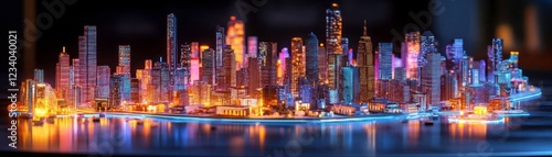 A vibrant city skyline illuminated with colorful lights, reflecting on water, showcasing a futuristic urban landscape.