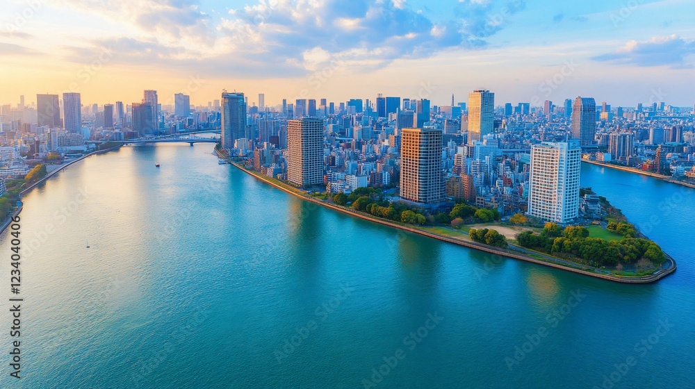 Fototapeta premium Aerial View of a Cityscape with a River and an Island at Sunset with Clouds