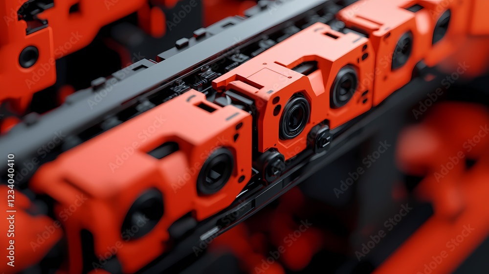 A close-up view of interconnected mechanical components featuring vibrant red and black colors, showcasing technological design and engineering. A close-up view of interconnected mechanical components featuring vibrant red and black colors, showcasing technological design and engineering.