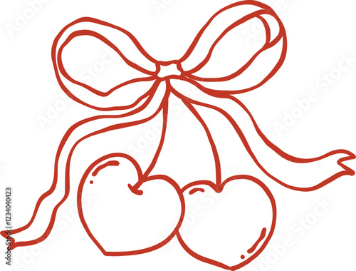 Coquette vintage heart Cherries with bow Doodle Outline