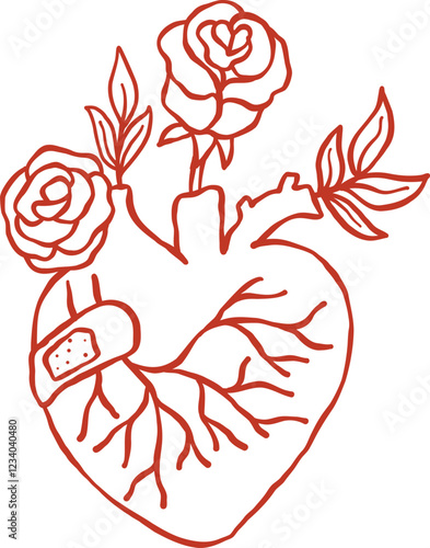 Retro Heart Organ with Roses Valentine Doodle Outline