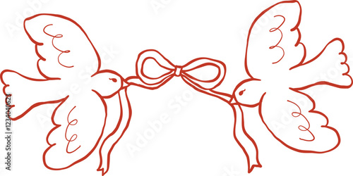 Retro Lovebirds flying with Ribbon Bow Valentine Outline
