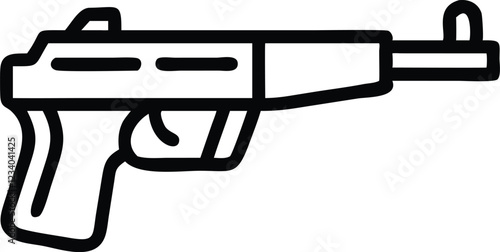 Black and white illustration, simple line drawing, assault rifle, military weapon, minimalist design, iconic firearm silhouette, vector graphic style, gun outline, modern warfare symbol, tactical equi
