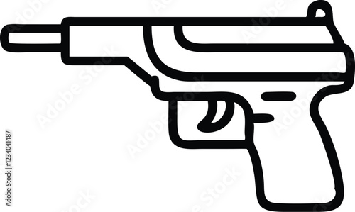 Black and white illustration, simple line drawing, assault rifle, military weapon, minimalist design, iconic firearm silhouette, vector graphic style, gun outline, modern warfare symbol, tactical equi