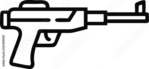 Black and white illustration, simple line drawing, assault rifle, military weapon, minimalist design, iconic firearm silhouette, vector graphic style, gun outline, modern warfare symbol, tactical equi