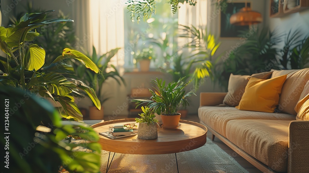 Fototapeta premium Comfortable armchair surrounded by an array of healthy green plants in a sun-filled room with brick walls