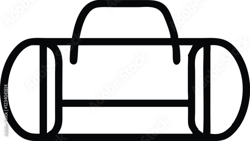Cylindrical duffel bag, simple line drawing, black and white illustration, minimalist design, sports equipment, gym accessory, travel luggage, bold outlines, iconic shape, simplified graphic, monochro