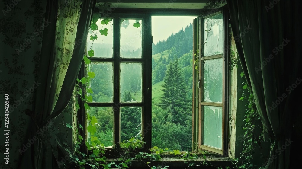 Fototapeta premium Through a window framed with ivy, a breathtaking view of a verdant valley unfolds under misty skies, blending nature with mystery.