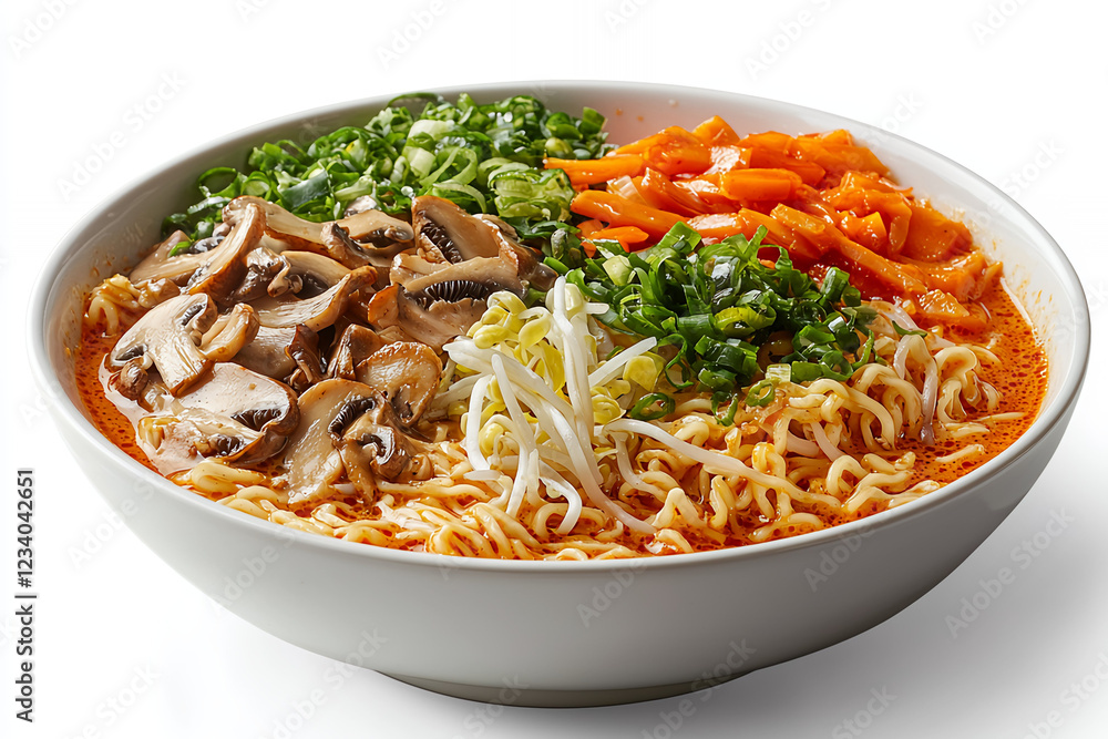 Spicy noodle soup with mushrooms, bean sprouts, and carrots. Spicy noodle soup with mushrooms, bean sprouts, and carrots.