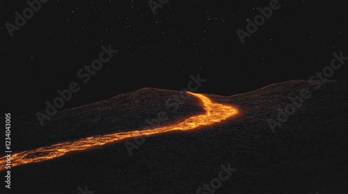 A solitary fiery trail lights up the dark landscape, snaking over rolling hills under a starlit sky, evoking the dramatic pulse of earth’s fiery heart. photo