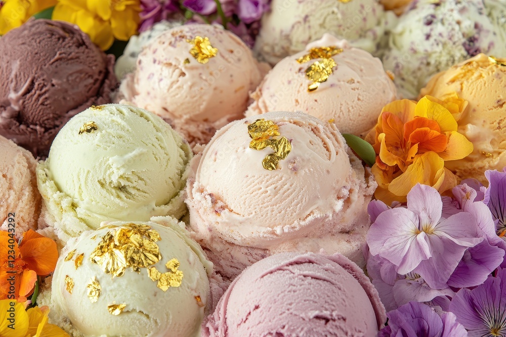 Luxurious Ice Cream Platter with Gold Flakes and Edible Flowers Luxurious Ice Cream Platter with Gold Flakes and Edible Flowers