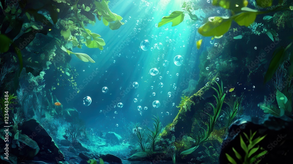 Obraz premium Enchanting Underwater Oasis with Sunlight Beams and Air Bubbles