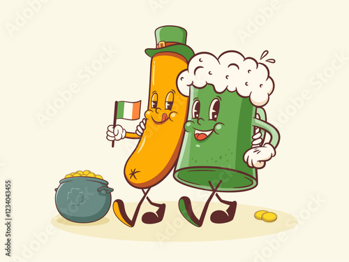 Saint Patrick Day Groovy Beer Tankard and Sausage Retro Characters. Cartoon Green Ale Mug with Treasure Money Coins. Vector Irish Spring Holiday Mascot Template. Happy Vintage Illustration. Isolated