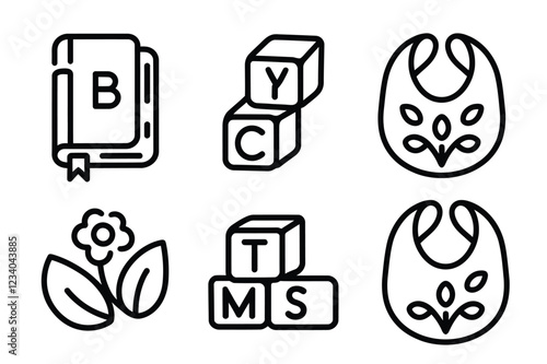 Minimalist baby line icons set featuring nursery book, alphabet toy blocks, bibs and flower. 6 black outline vector graphics for infant care, childhood education and newborn product branding.