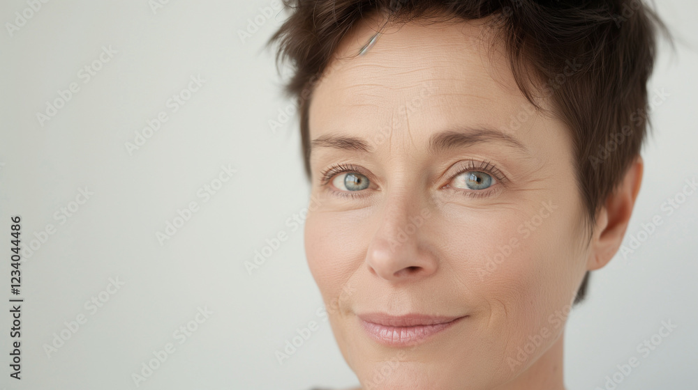 Minimalistic portrait of a mature woman with a chic short hairstyle, exuding confidence and elegance. Her serene expression and subtle smile convey a sense of wisdom and grace Minimalistic portrait of a mature woman with a chic short hairstyle, exuding confidence and elegance. Her serene expression and subtle smile convey a sense of wisdom and grace