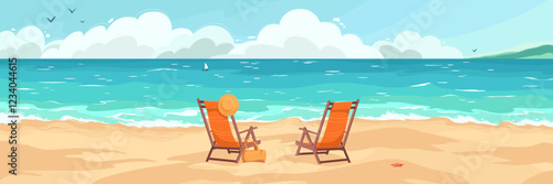 Hand drawn vector illustration. Relaxing on the ocean shore on a sunny day. Sandy beach and two chairs. Elongated horizontal composition for web banners, advertising and design.