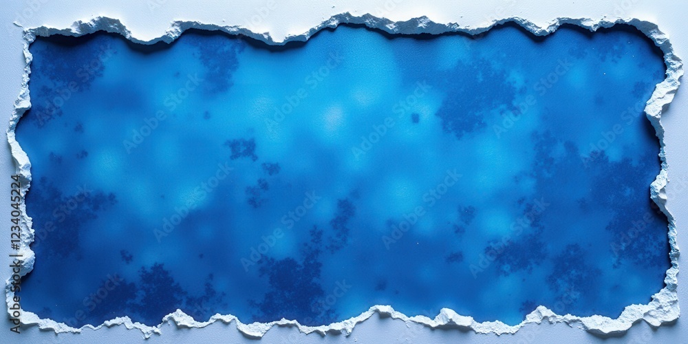 Obraz premium An intimate glimpse into the textured heart of torn blue watercolor paper, where intricate fibers dance at the ragged edges, creating an artistic tapestry of colors and depth