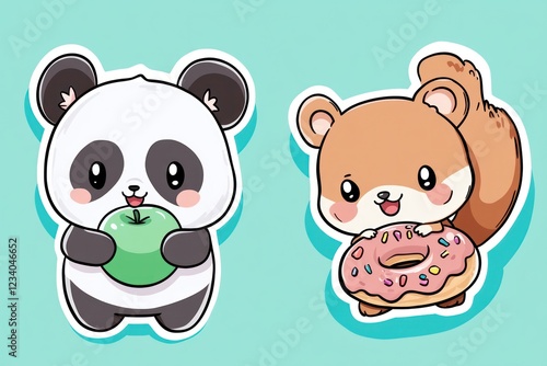 Cute panda and squirrel eating snacks photo