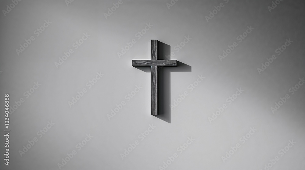 Naklejka premium Black cross on gray wall with soft shadow and minimalistic lighting.