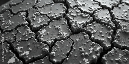 Close-up of a textured black and white surface, composed of jagged, rock-like elements. Each piece features an intricate, uneven pattern, inviting touch with its rugged beauty. The interplay of light  photo