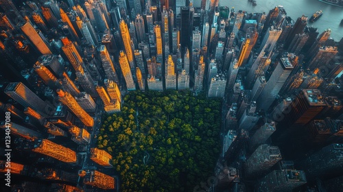 Aerial View of Central Park Surrounded by Manhattan Skyscrapers at Sunset