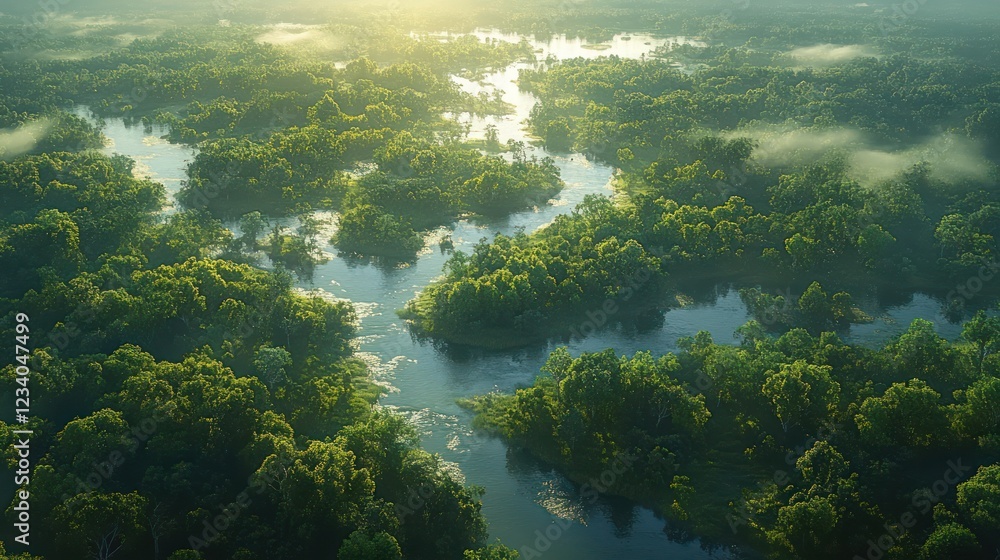 Aerial View of a Lush River Flowing Through a Verdant Forest Aerial View of a Lush River Flowing Through a Verdant Forest