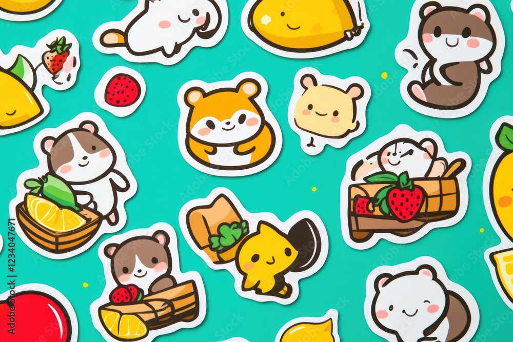 Cute animal stickers, fruit, teal background, craft supplies Cute animal stickers, fruit, teal background, craft supplies