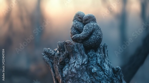 Wallpaper Mural Two stone sculptures of owls nuzzle affectionately atop a weathered tree stump, beneath softly blurred forest light. Torontodigital.ca