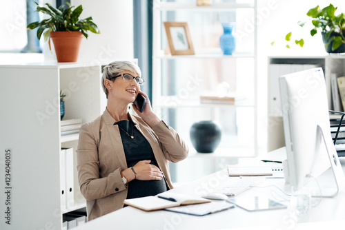 Pregnant woman, phone call and talking with smile at office with telephonic interview for home decor magazine. Person, writer and mother with smartphone, contact and touch stomach at creative agency
