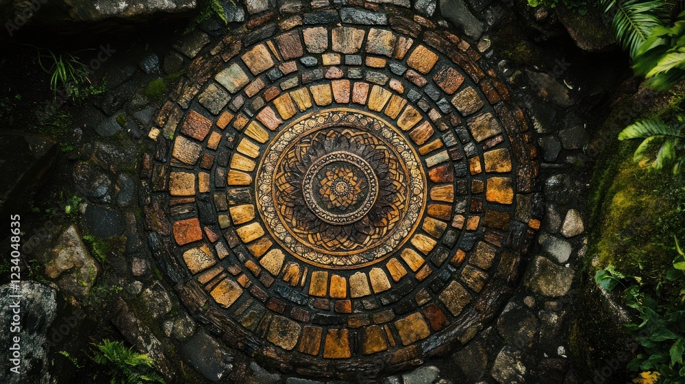 Circular Stone Mandala Pathway in Lush Garden Circular Stone Mandala Pathway in Lush Garden