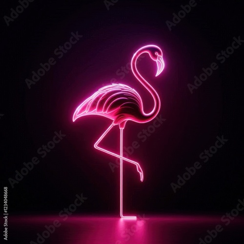 Solid black background with a glowing neon pink flamingo standing on one leg in the center, illuminated faintly 1