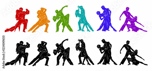 Paired dancing silhouettes of people, dancers man and woman, girl and guy. Vector illustration of dance. Tango. Waltz.