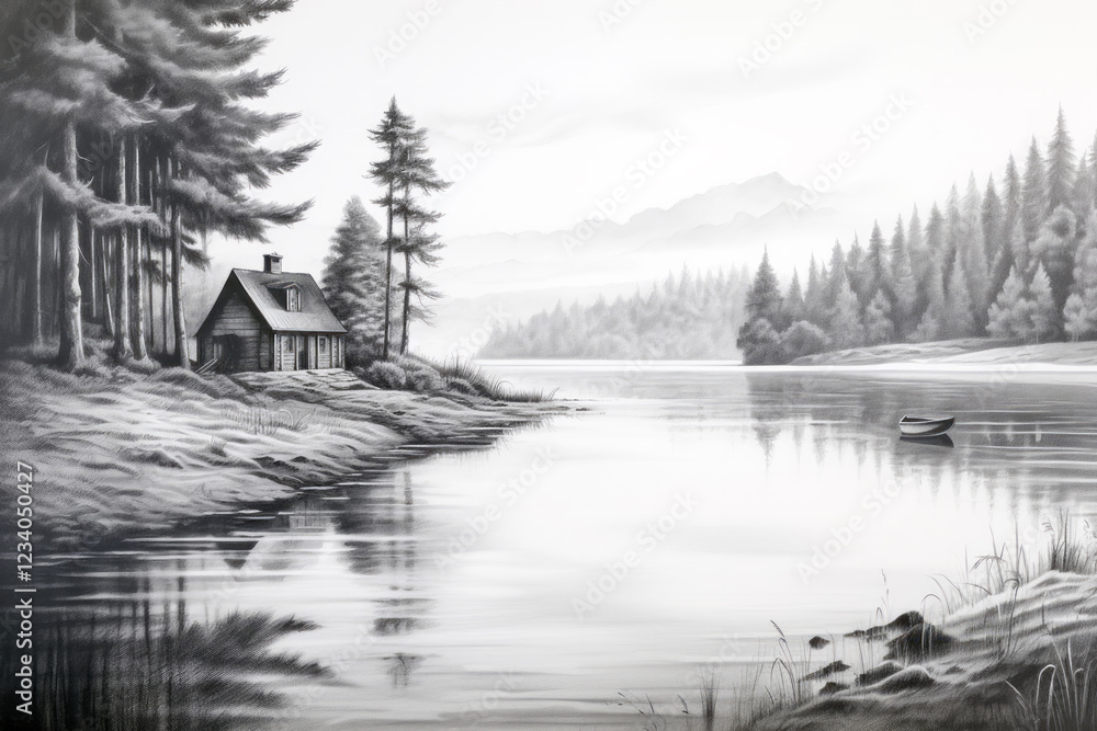 Fototapeta premium Landscape Mountains Valley Nature Adventure Ink Sketch Style