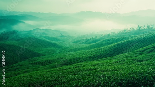 Mist drapes over an endless expanse of vibrant green fields, painting a tranquil and dreamlike morning scene. photo